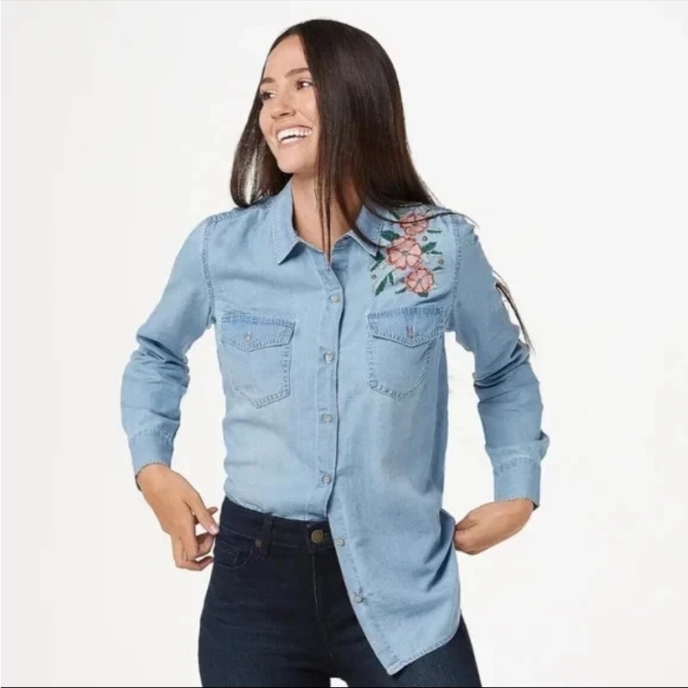 Haute Hippie Lucia Denim Embroidered long sleeve shirt Small